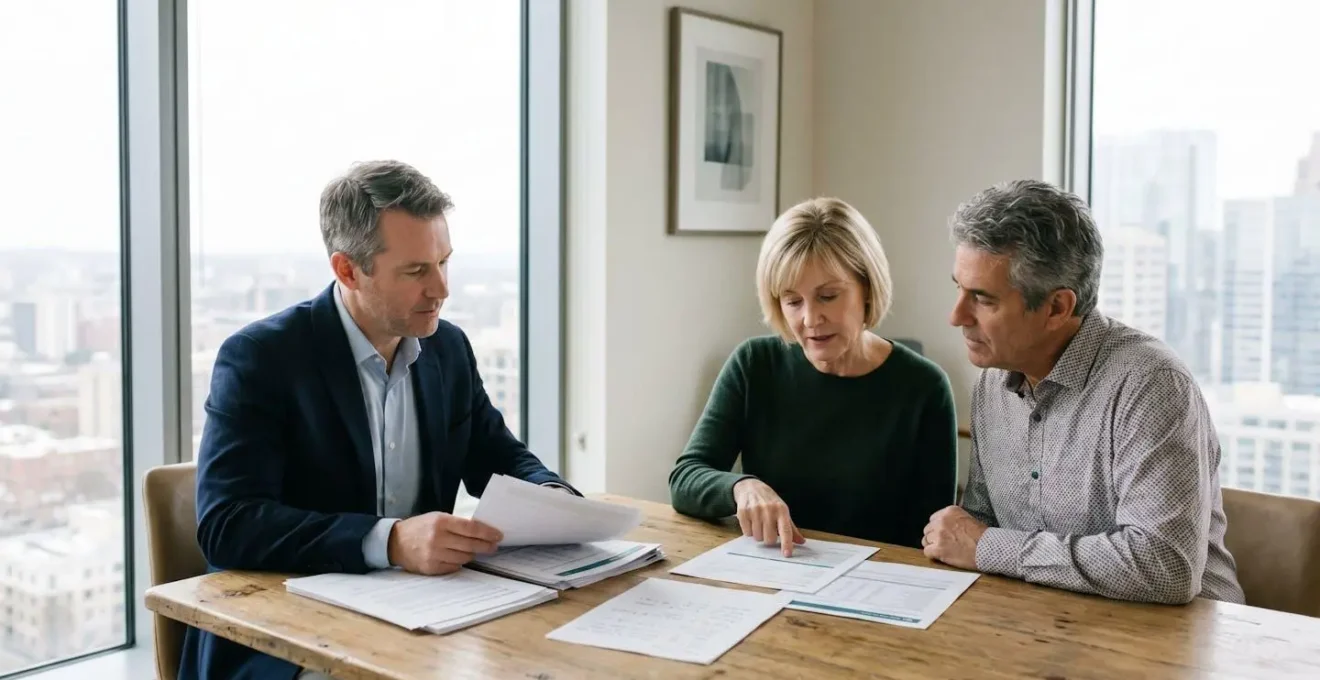 Un conseiller spécialisé en retraite présente différents scénarios de départ à un couple de quinquagénaires attentifs, dans un bureau lumineux et professionnel