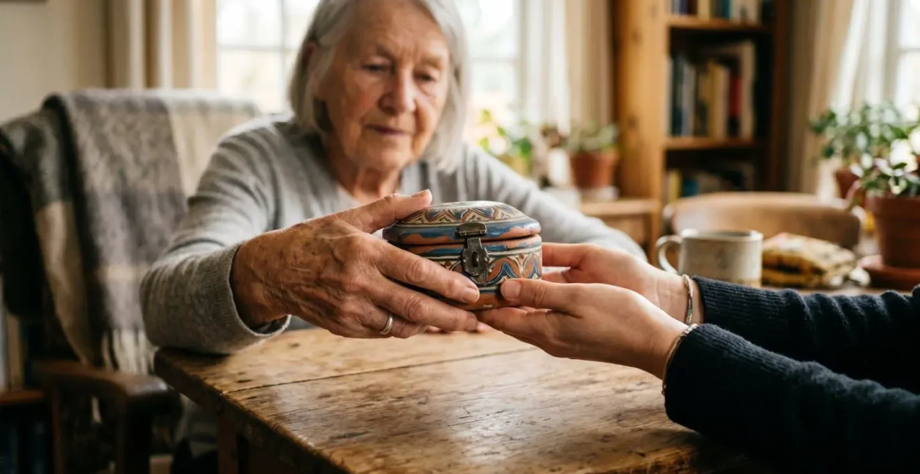 Mains d'adultes se transmettant un objet symbolisant la transmission patrimoniale dans un cadre chaleureux et naturel