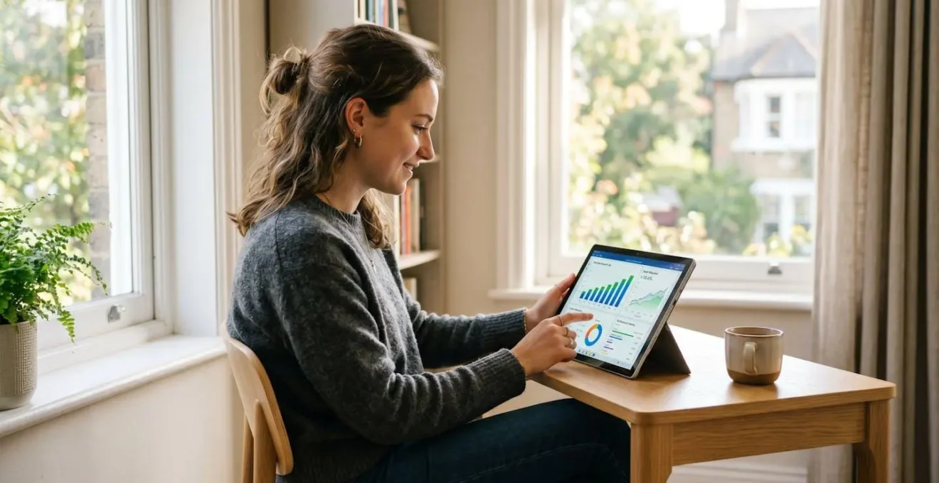 Personne en tenue décontractée consultant des graphiques financiers sur une tablette dans un espace lumineux