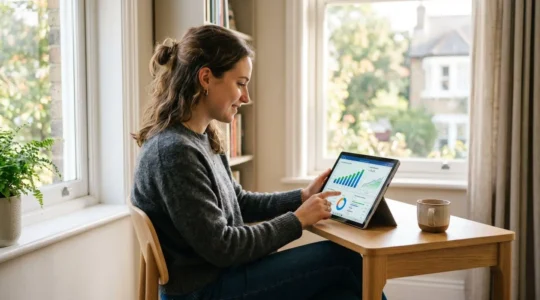Personne en tenue décontractée consultant des graphiques financiers sur une tablette dans un espace lumineux