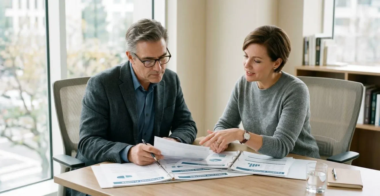 Un professionnel d'une cinquantaine d'années consulte attentivement des documents de carrière sur son bureau, accompagné d'un conseiller spécialisé en retraite