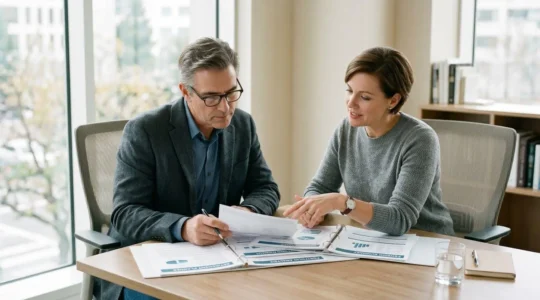 Un professionnel d'une cinquantaine d'années consulte attentivement des documents de carrière sur son bureau, accompagné d'un conseiller spécialisé en retraite