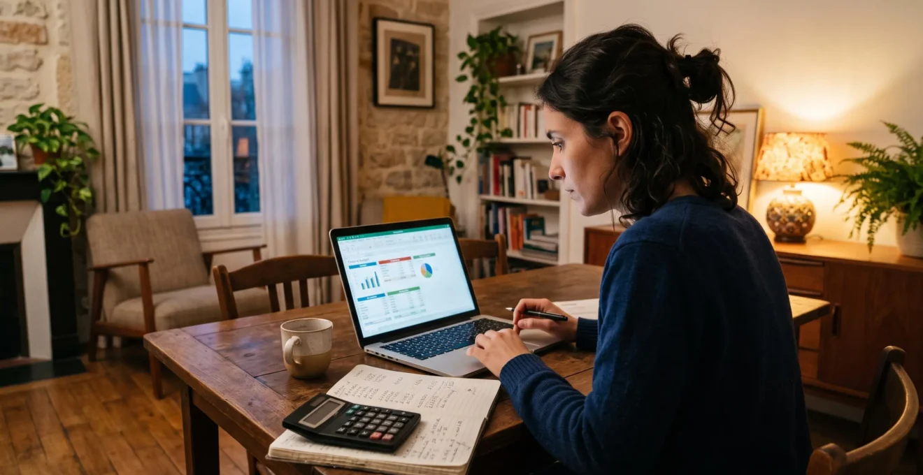 Une femme compare son budget sur un ordinateur portable chez elle le soir.