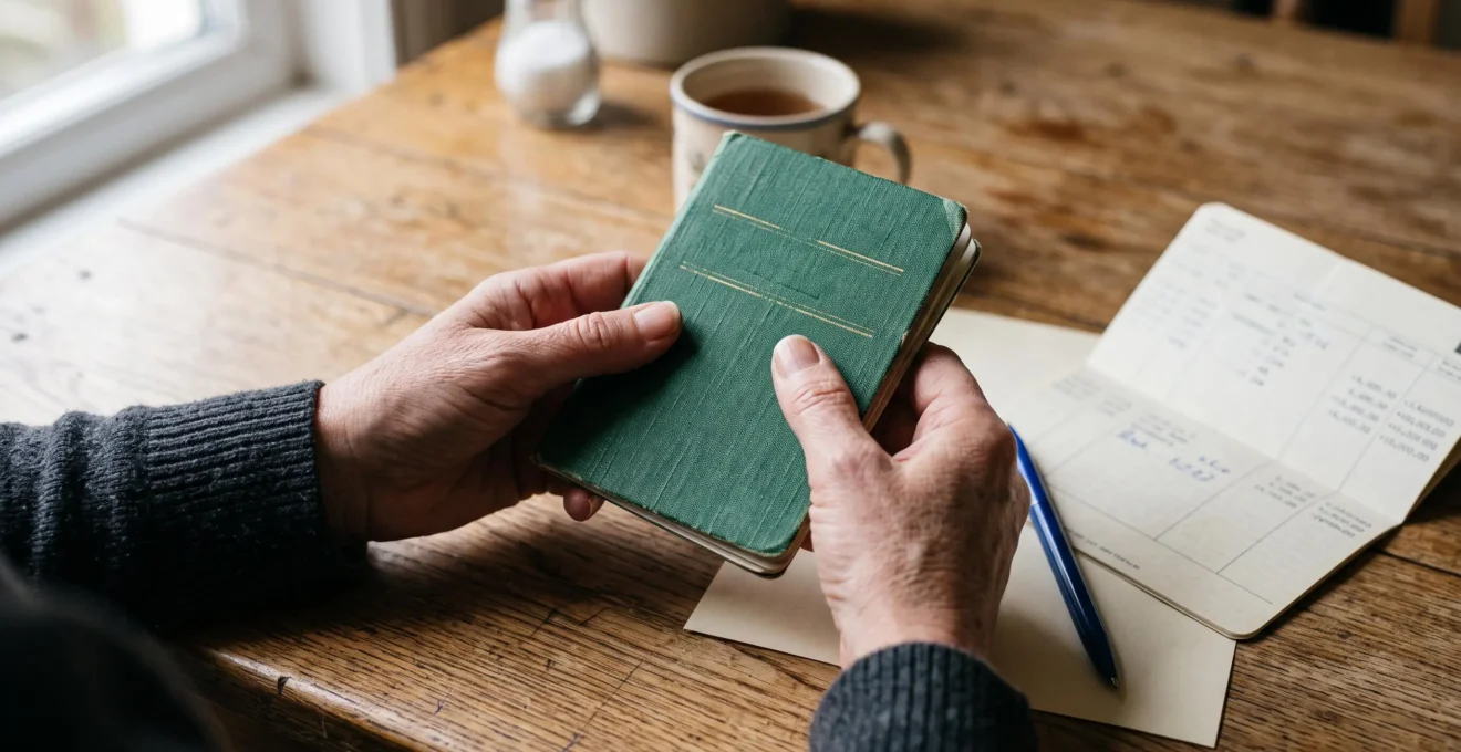 Des mains tiennent un livret d'épargne vert posé sur une table en bois.